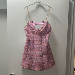 For Love & Lemons Pink Tweed Chain-Strap Mini Dress